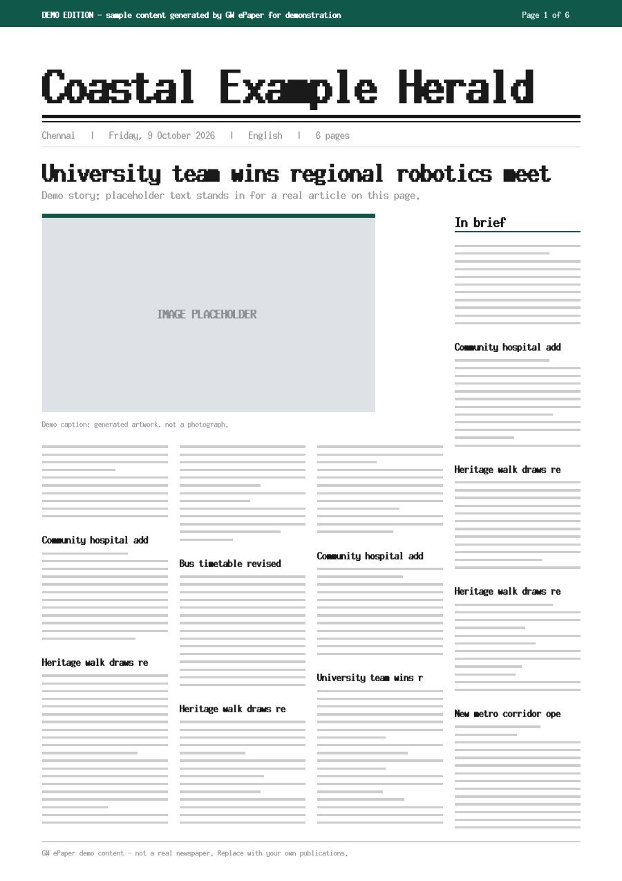 Front page of Coastal Example Herald — 9 October 2026